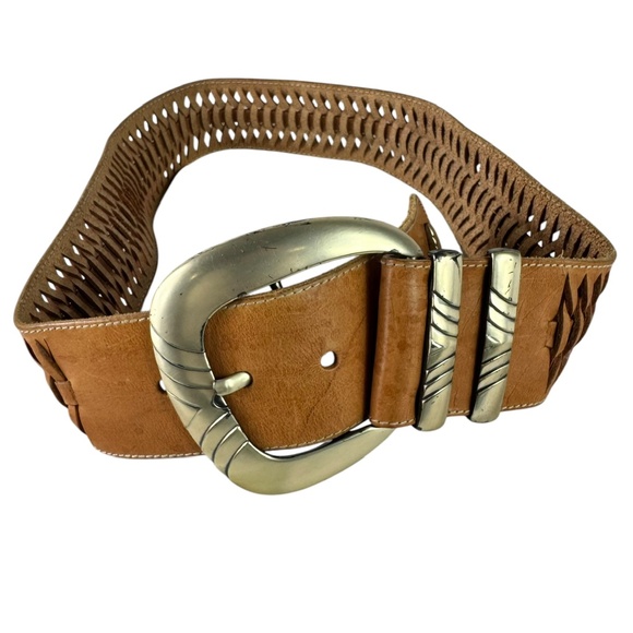 Vintage AVION Tan Boho Wide Leather Braided Belt Women\'s 28 Small main image 9